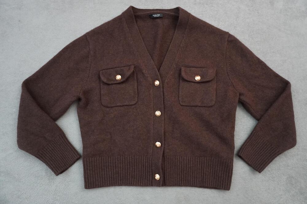 Massimo Dutti Cardigan Sweater Womens Large Brown V Neck Pockets Gold Buttons